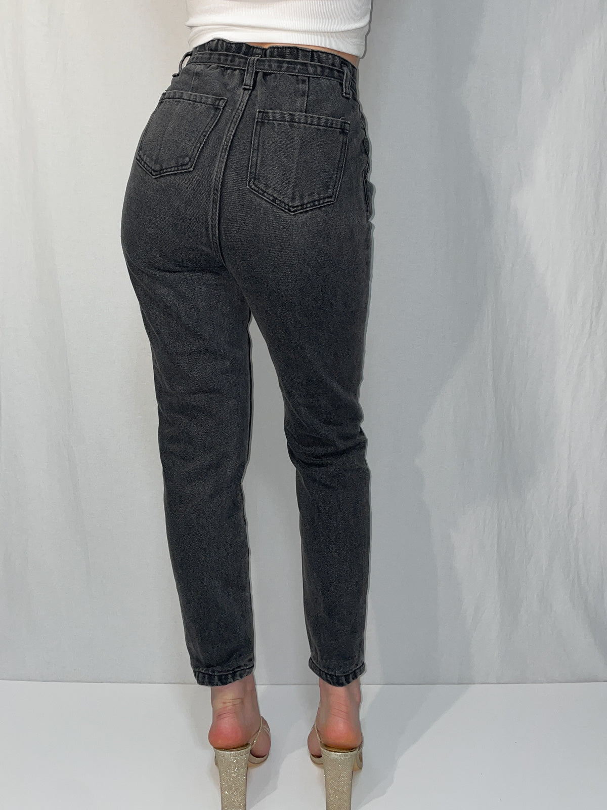 Tie Waist Pleat Front Jeans in Washed Black