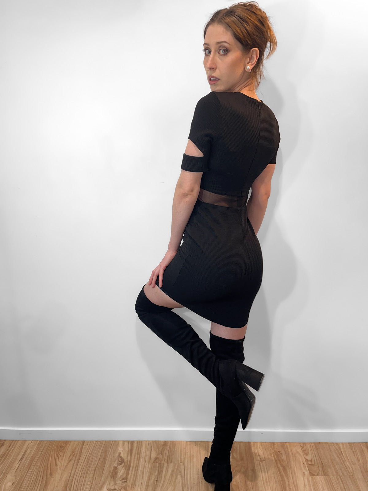 Ribbed Bodycon Mesh Cutout Dress in Black