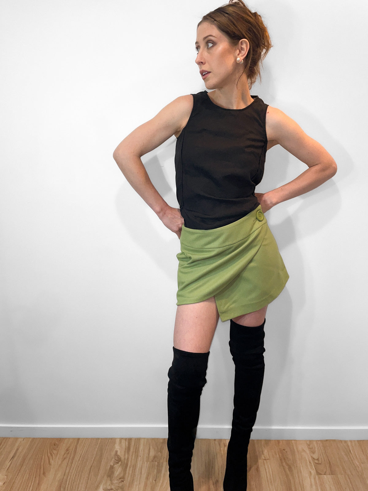 Woollen Mod Mini Wrap Skirt in Chartreuse Green