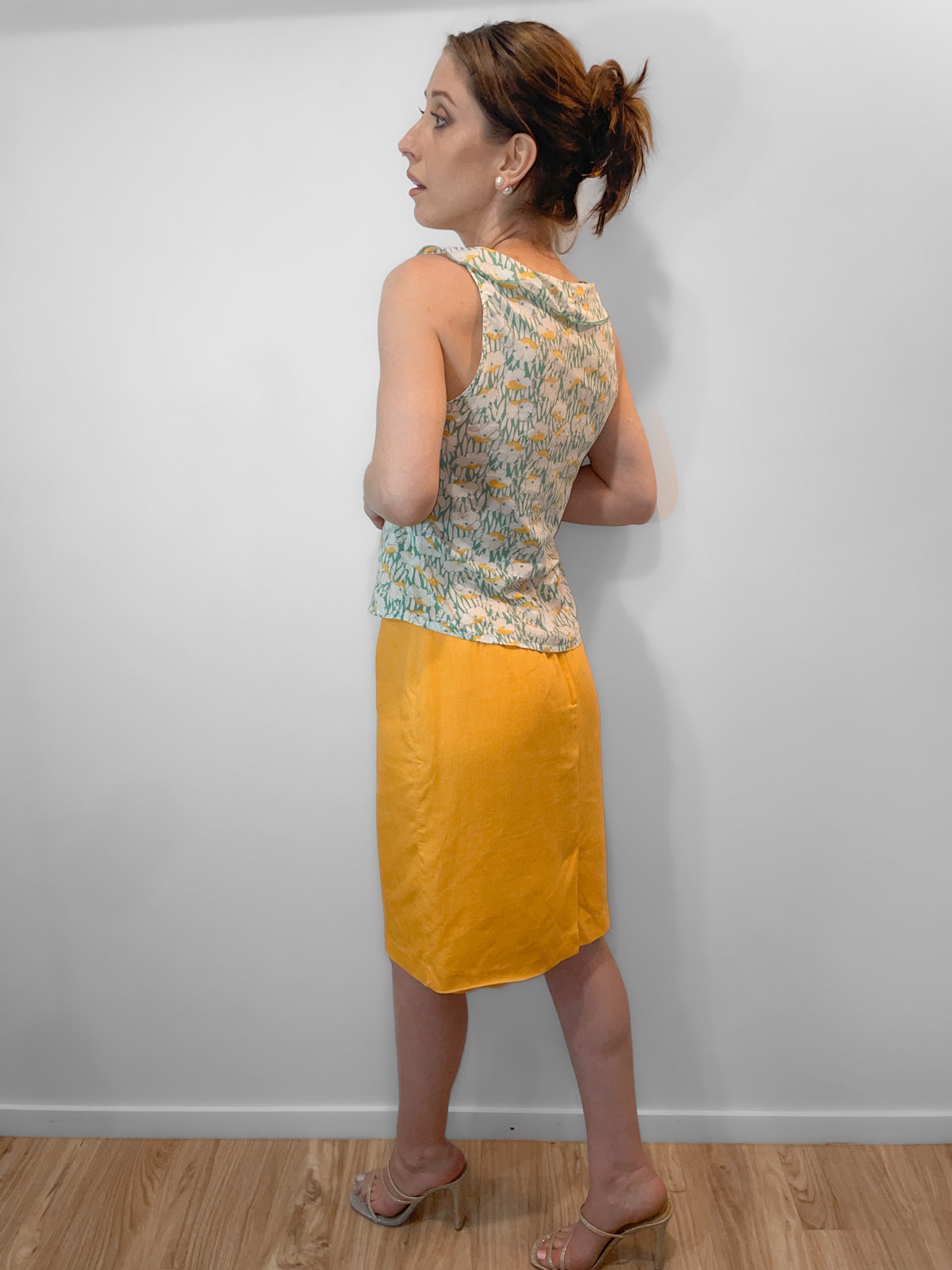 Lightweight Green & Yellow Floral Ruffle Neck Blouse