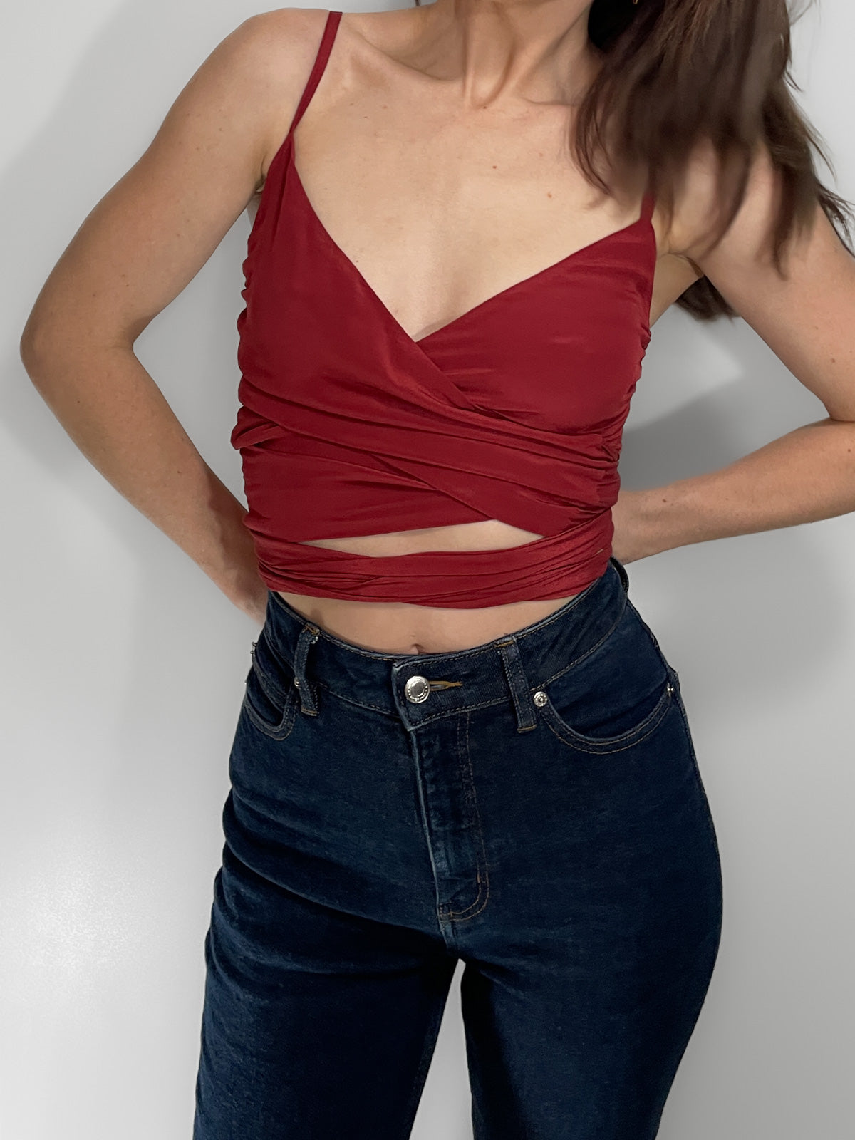 Rust Red Silky Wrap Around Tie Up Cami Top
