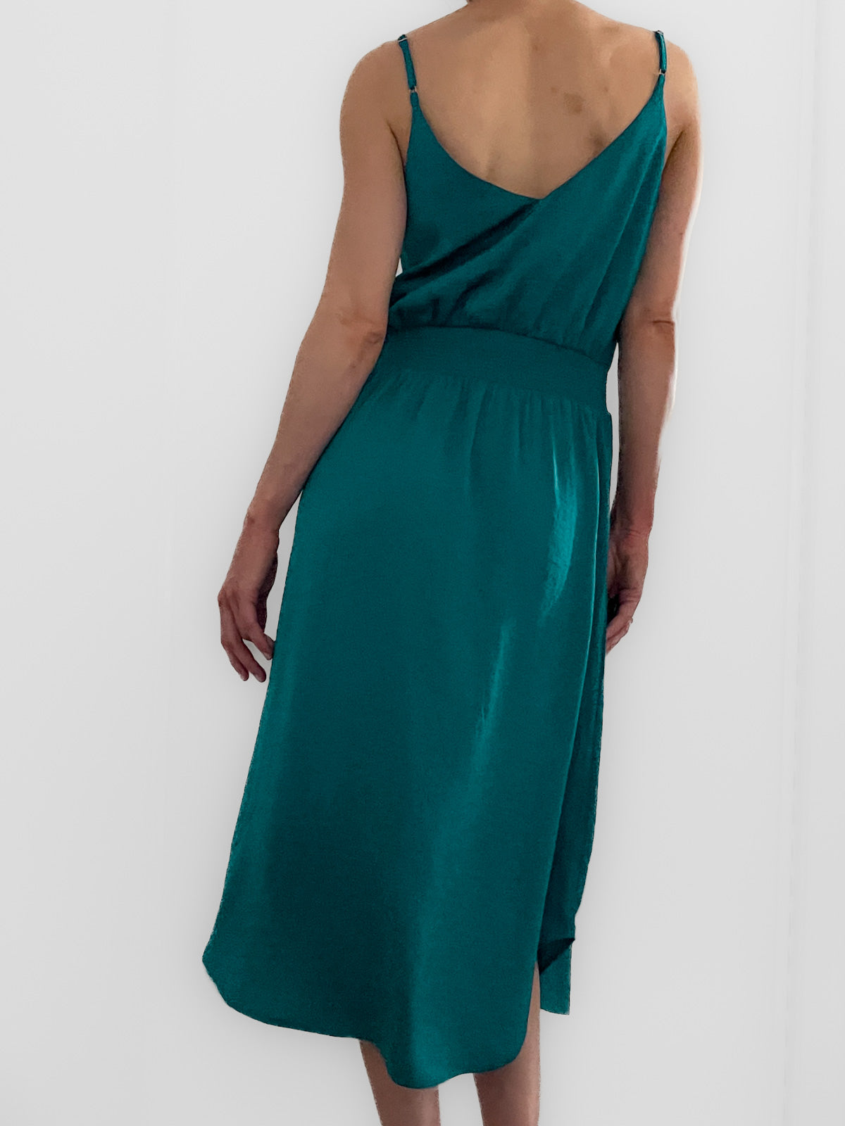 Teal Satin Midi Fitted Waist Slip Dress