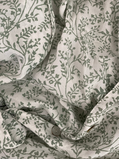 Fit and Flare Crepe Maxi Dress in White/Sage Ditsy Botanical