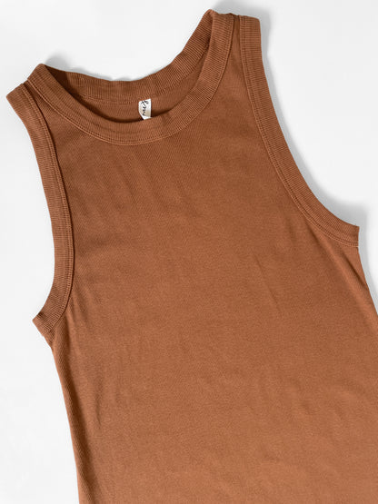 Organic Cotton Ribbed Tank Midi Dress in Warm Brown