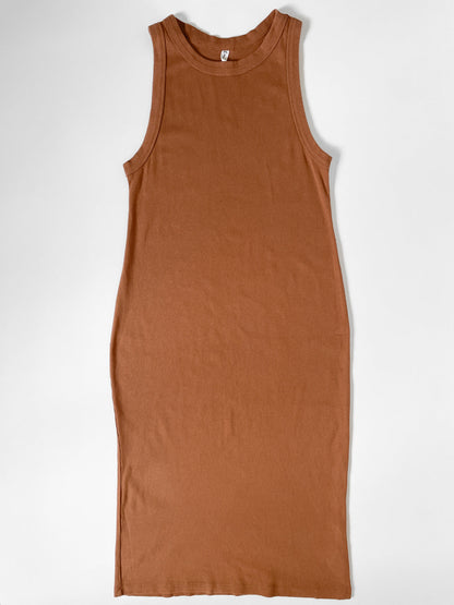 Organic Cotton Ribbed Tank Midi Dress in Warm Brown