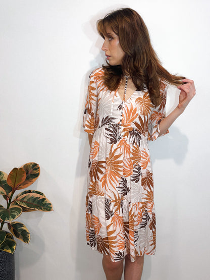 Tan Tropical Print Dress