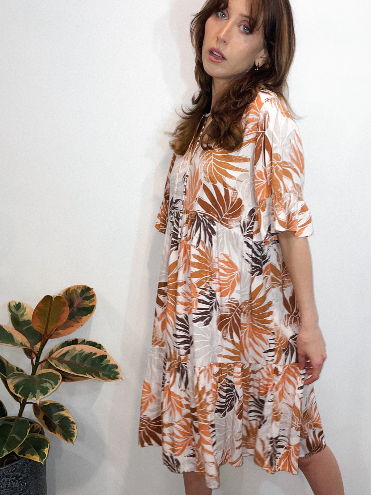 Tan Tropical Print Dress