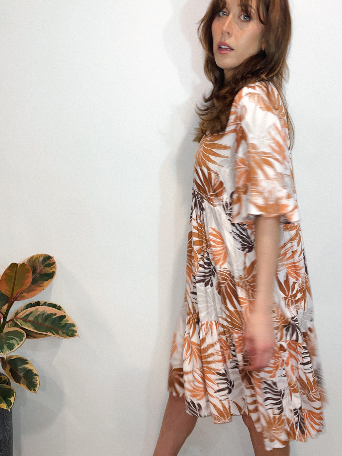 Tan Tropical Print Dress