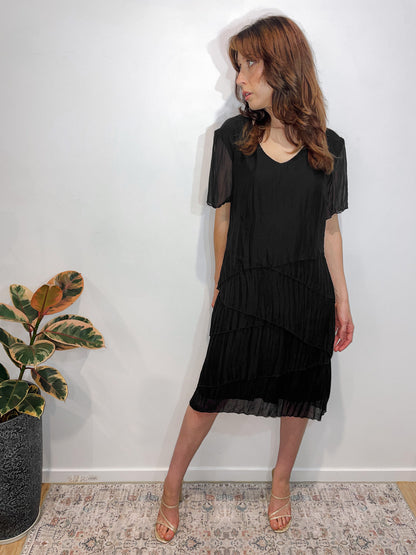 Silk Pleat Layered Midi Dress in Black