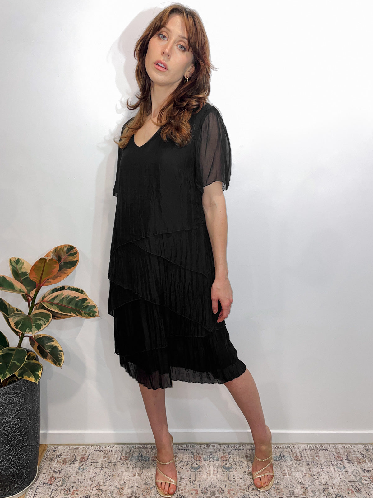 Silk Pleat Layered Midi Dress in Black