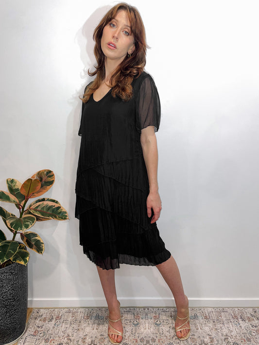 Silk Pleat Layered Midi Dress in Black