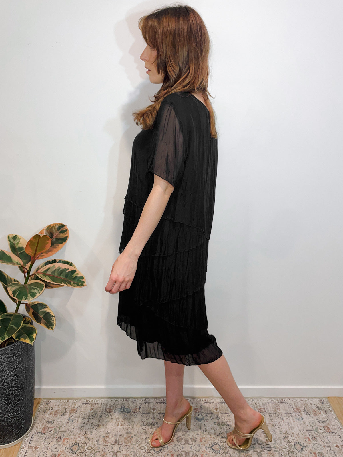 Silk Pleat Layered Midi Dress in Black
