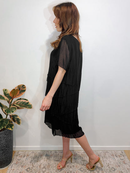 Silk Pleat Layered Midi Dress in Black