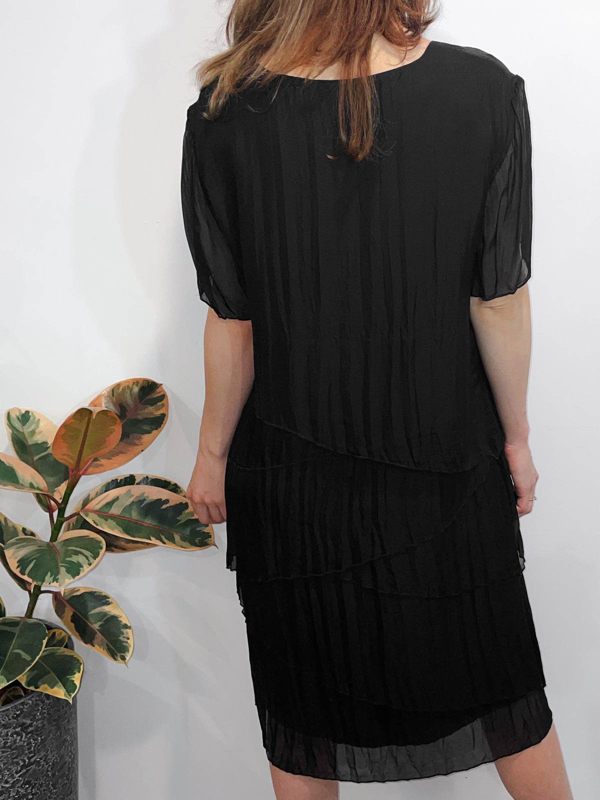 Silk Pleat Layered Midi Dress in Black