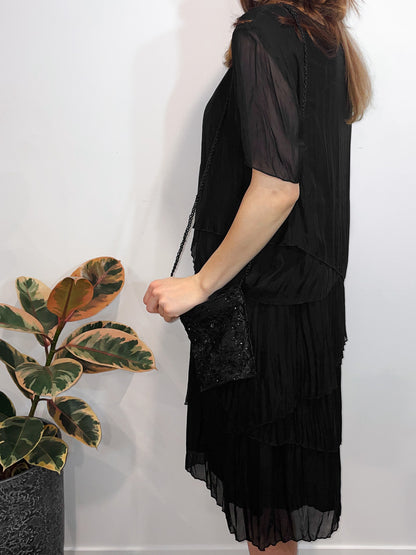 Silk Pleat Layered Midi Dress in Black