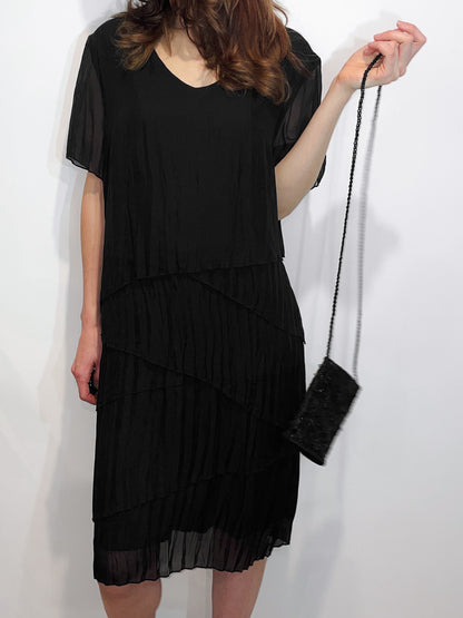 Silk Pleat Layered Midi Dress in Black