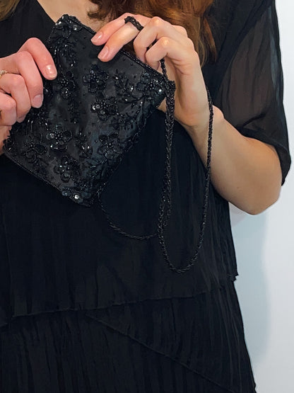 Beaded & Sequinned Black Satin Mini Handbag