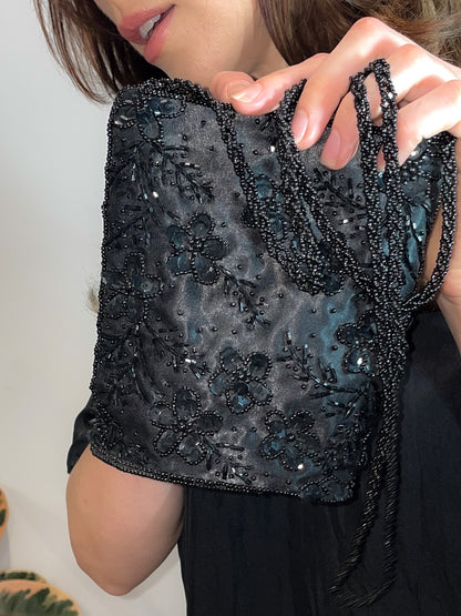 Beaded & Sequinned Black Satin Mini Handbag