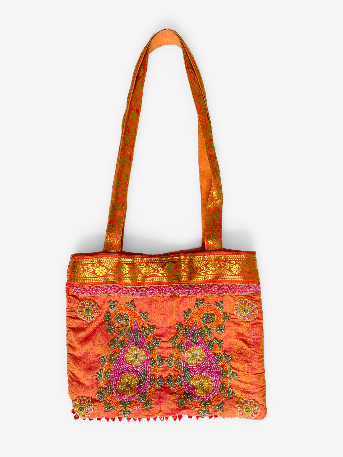 Raw Silk Orange Beaded Paisley Bag