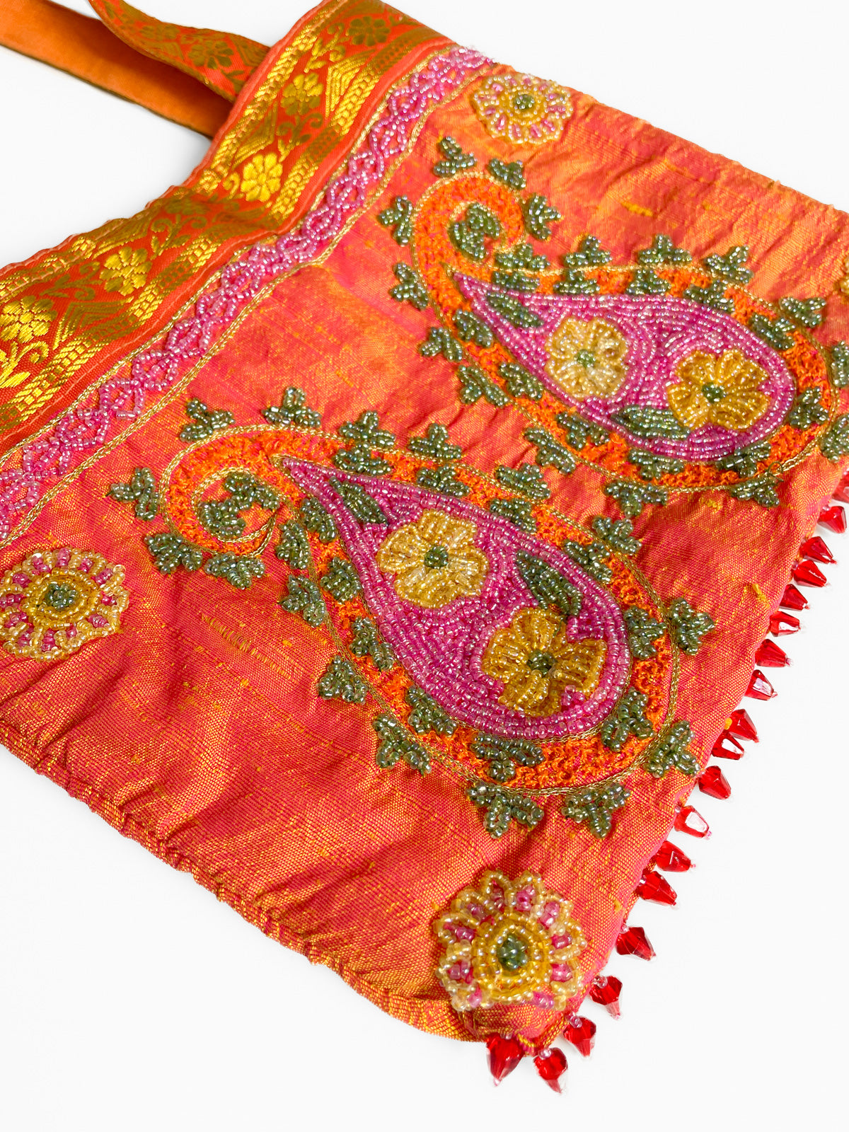 Raw Silk Orange Beaded Paisley Bag
