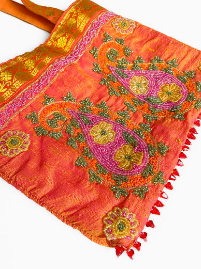 Raw Silk Orange Beaded Paisley Bag