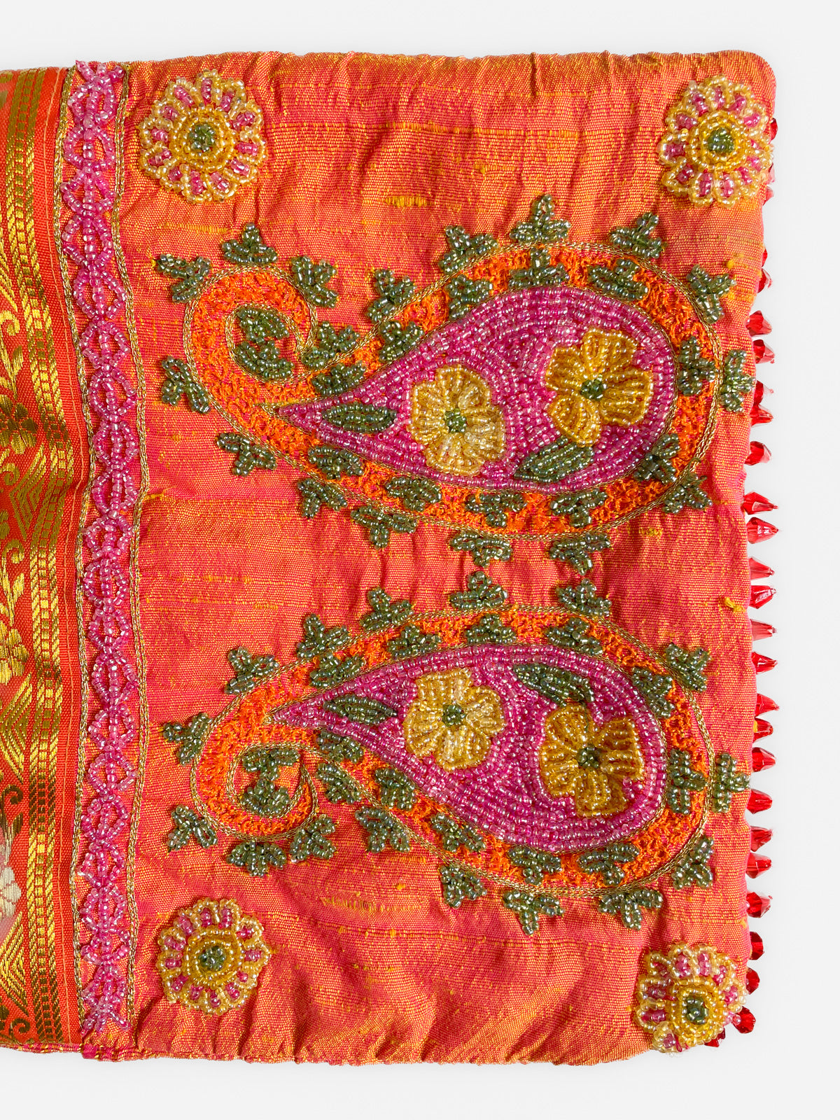 Raw Silk Orange Beaded Paisley Bag