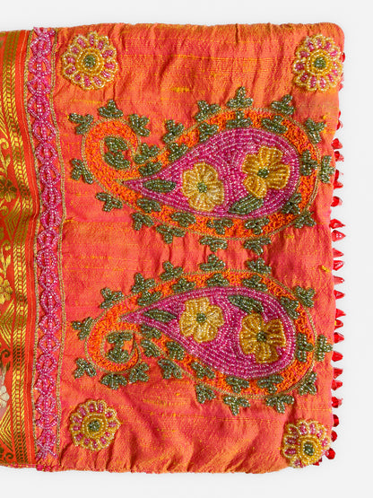 Raw Silk Orange Beaded Paisley Bag
