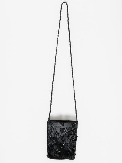 Beaded & Sequinned Black Satin Mini Handbag