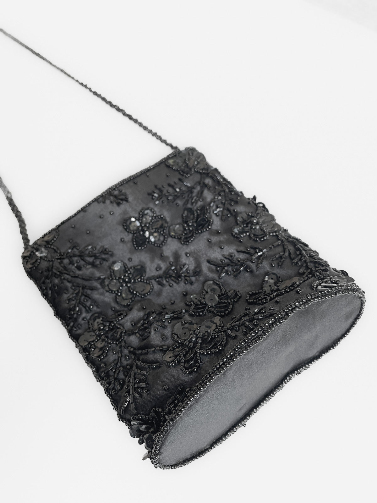 Beaded & Sequinned Black Satin Mini Handbag