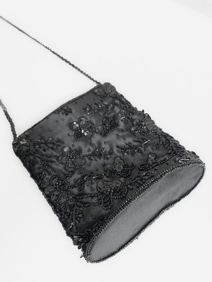 Beaded & Sequinned Black Satin Mini Handbag