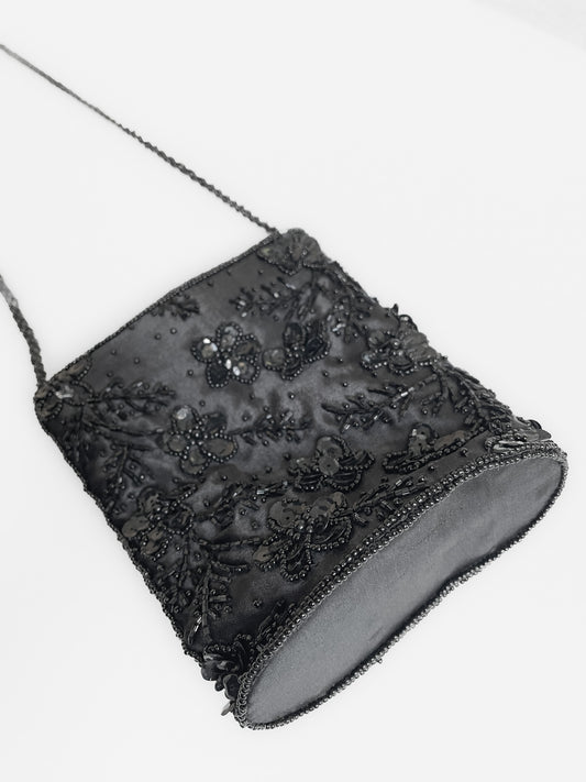 Beaded & Sequinned Black Satin Mini Handbag