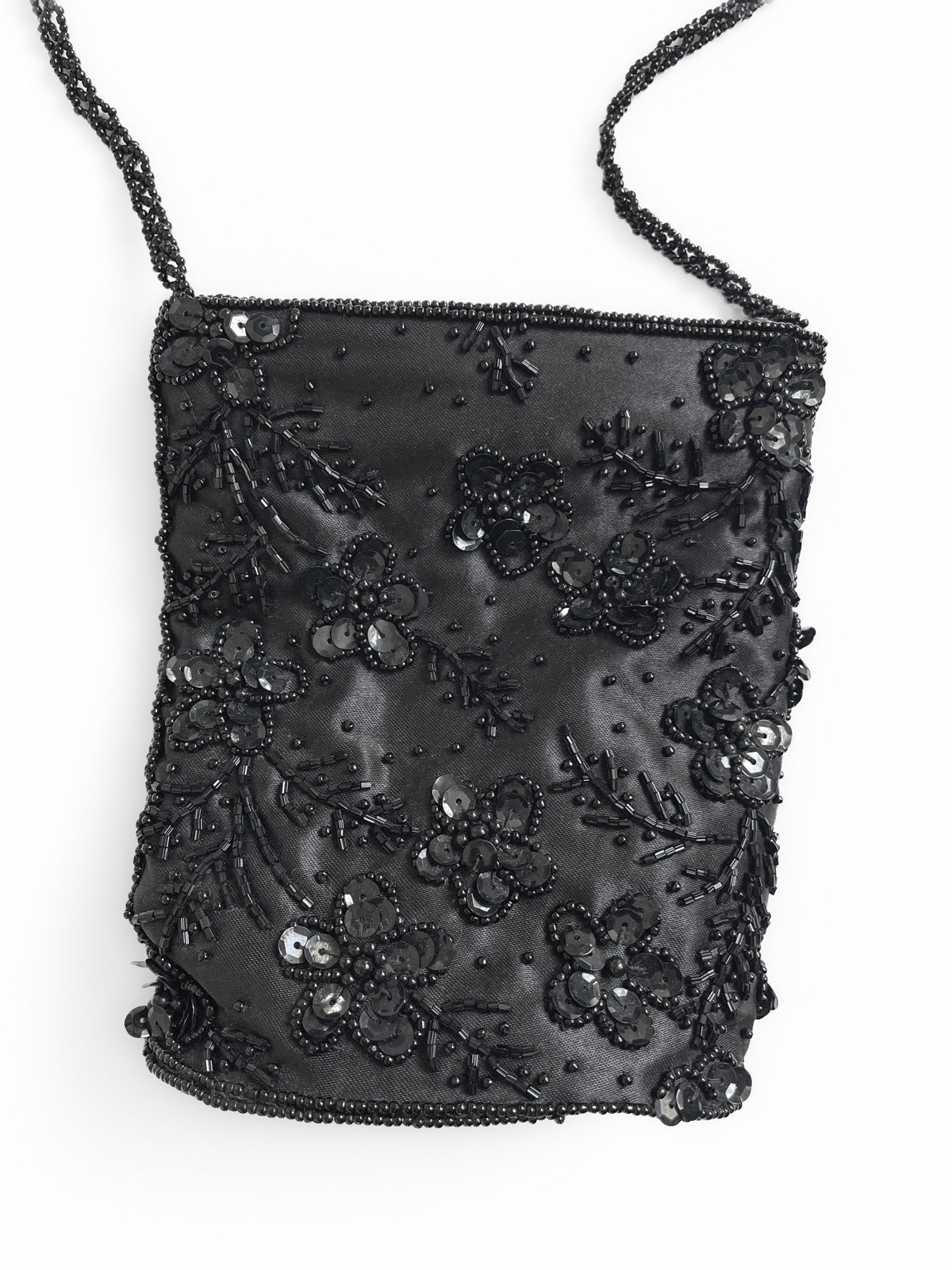 Beaded & Sequinned Black Satin Mini Handbag