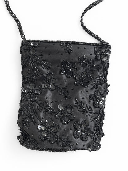 Beaded & Sequinned Black Satin Mini Handbag
