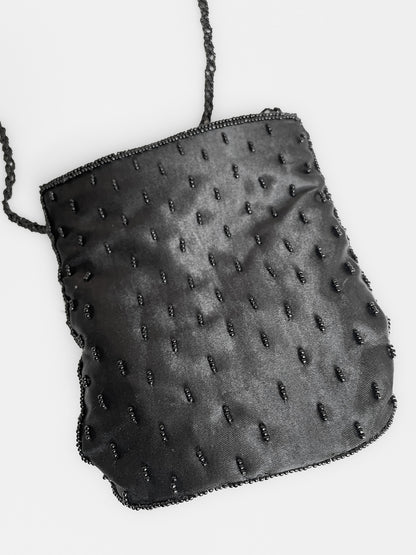 Beaded & Sequinned Black Satin Mini Handbag
