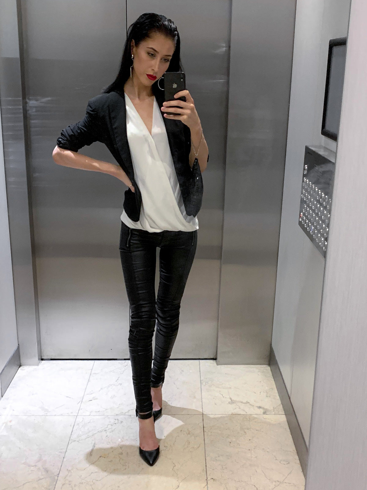 Black Low Rise Leather Look Skinny Jeans