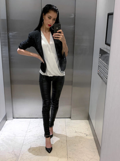 Black Low Rise Leather Look Skinny Jeans