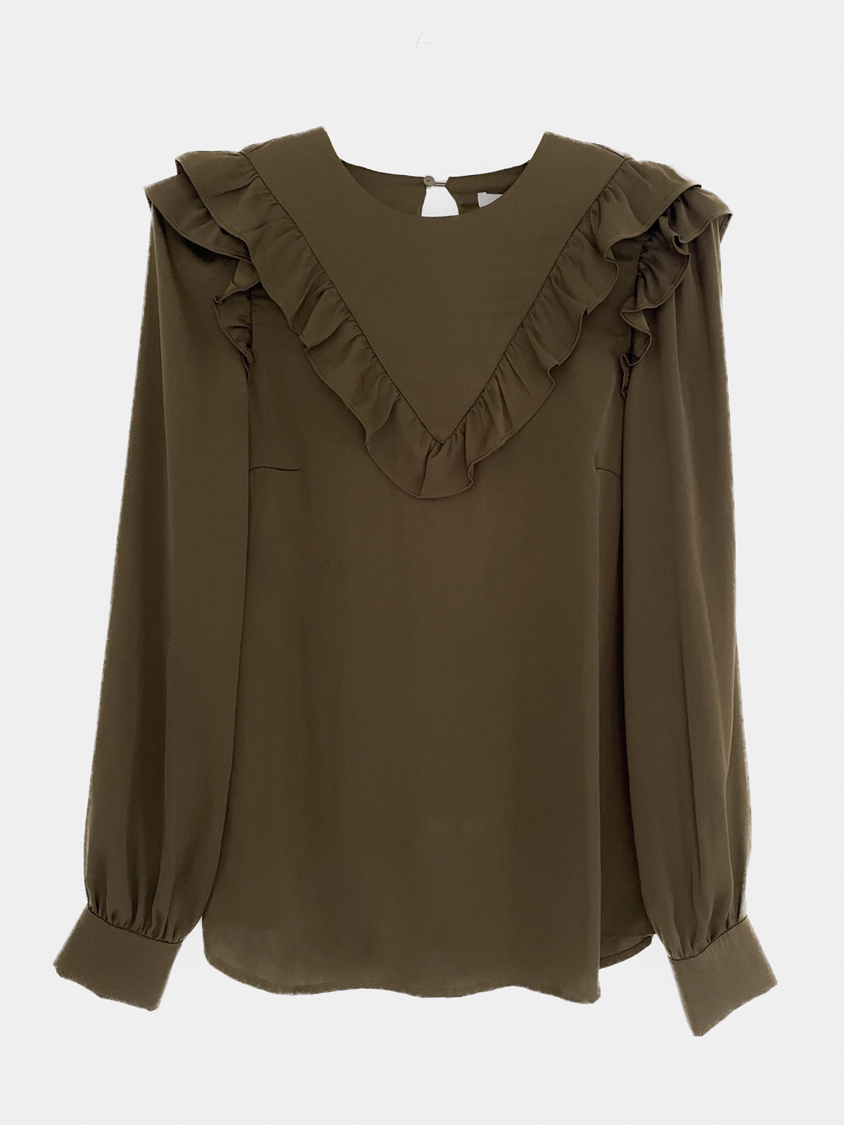 Ruffle Trim Satin Blouse in Olive Green