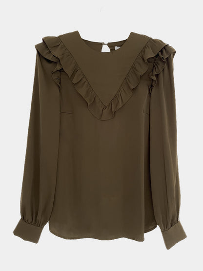 Ruffle Trim Satin Blouse in Olive Green