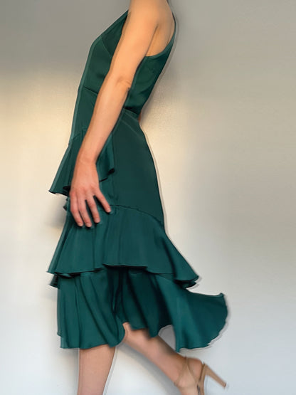Teal Satin High Neck Ruffle Midi Dress