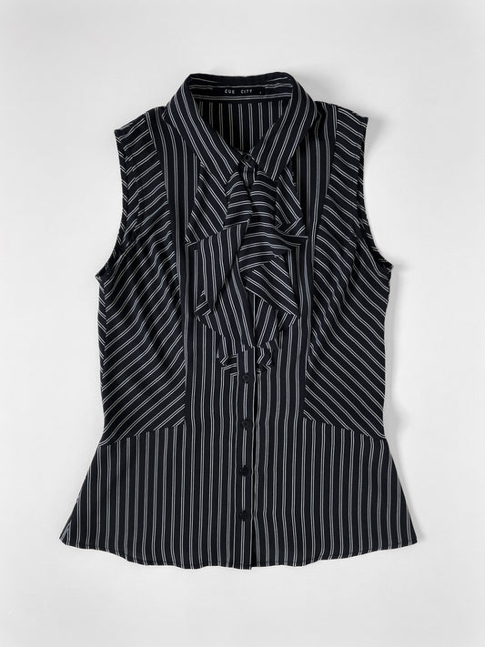 Sleeveless Ruffle Top - Black/White Stripe