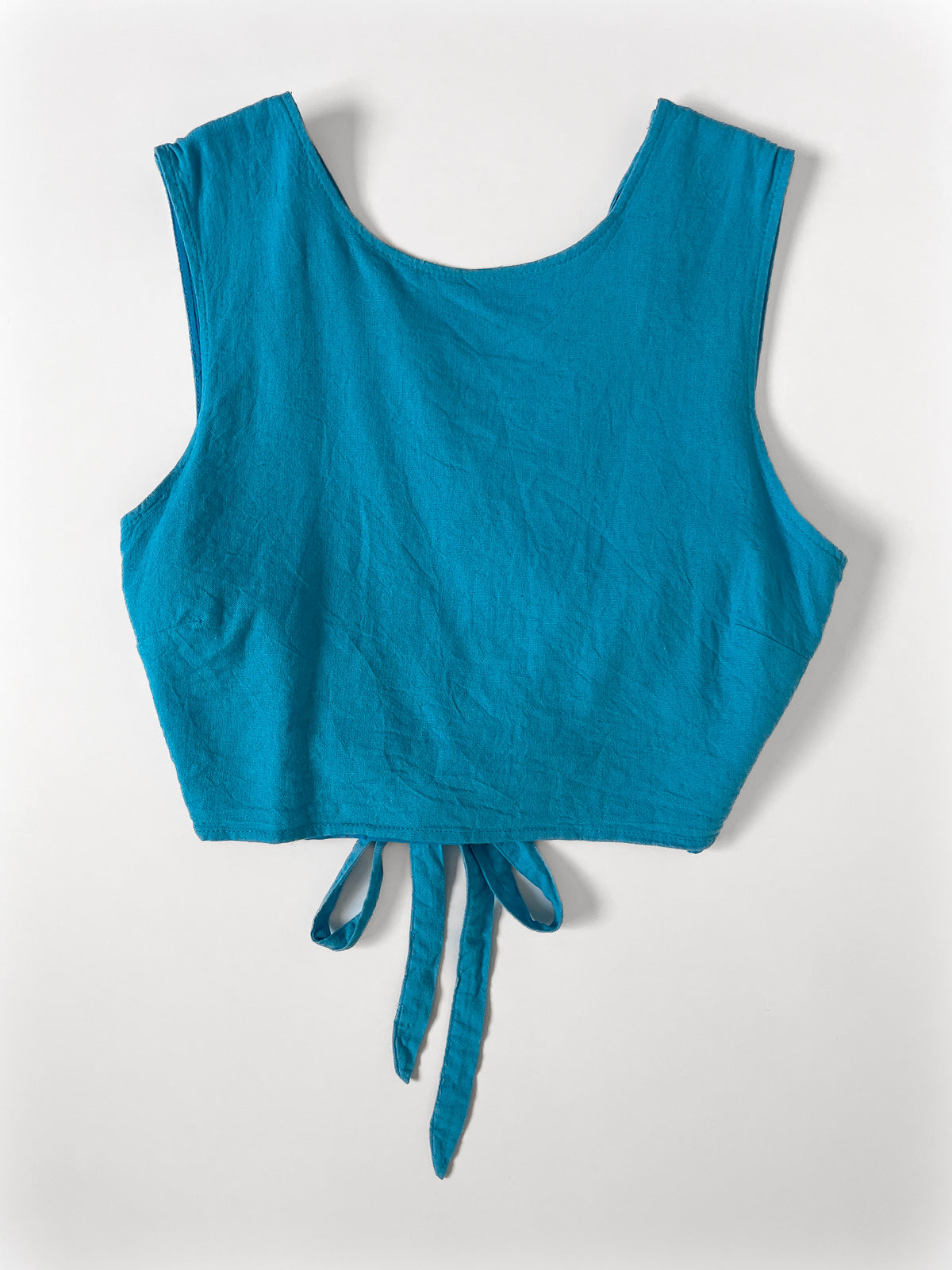 Linen Tie Back Crop Top in Dark Aqua Blue