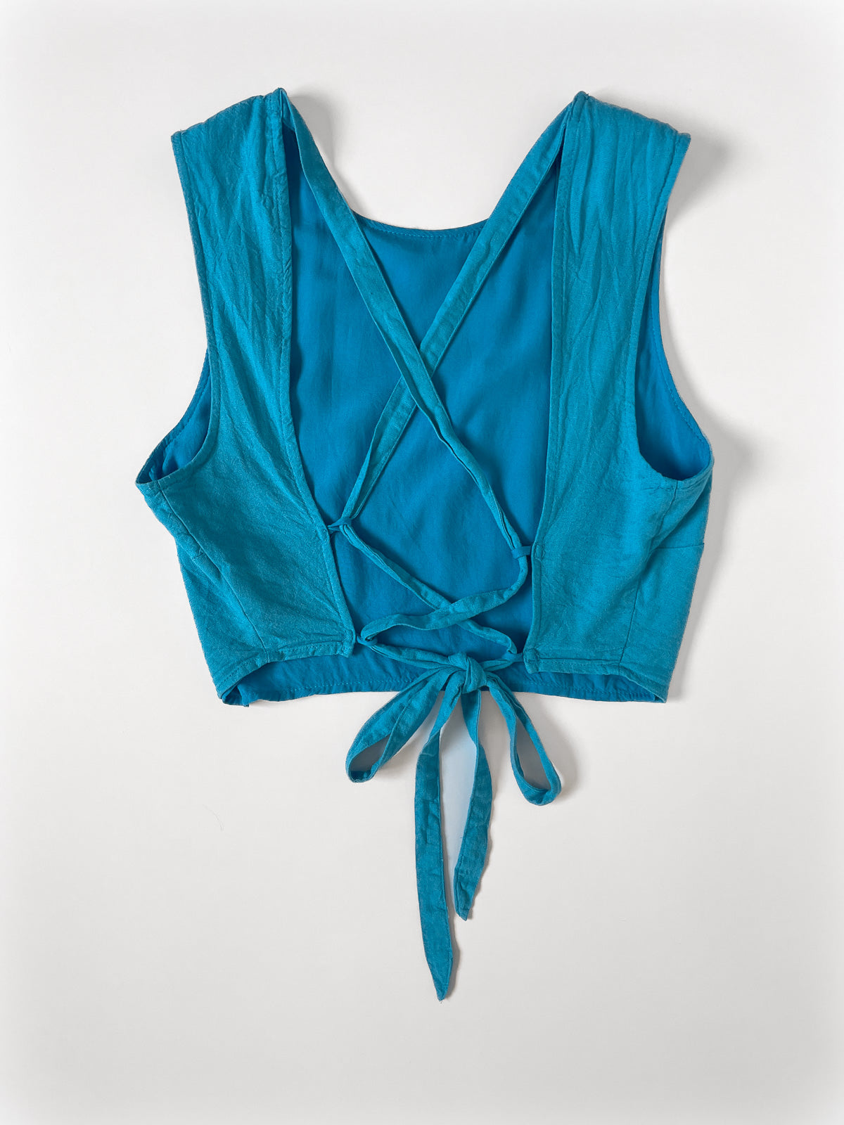 Linen Tie Back Crop Top in Dark Aqua Blue