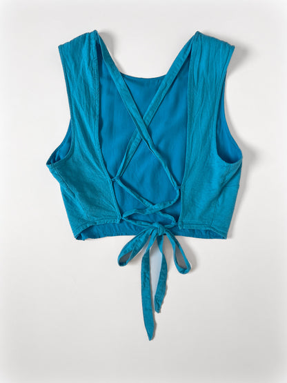 Linen Tie Back Crop Top in Dark Aqua Blue