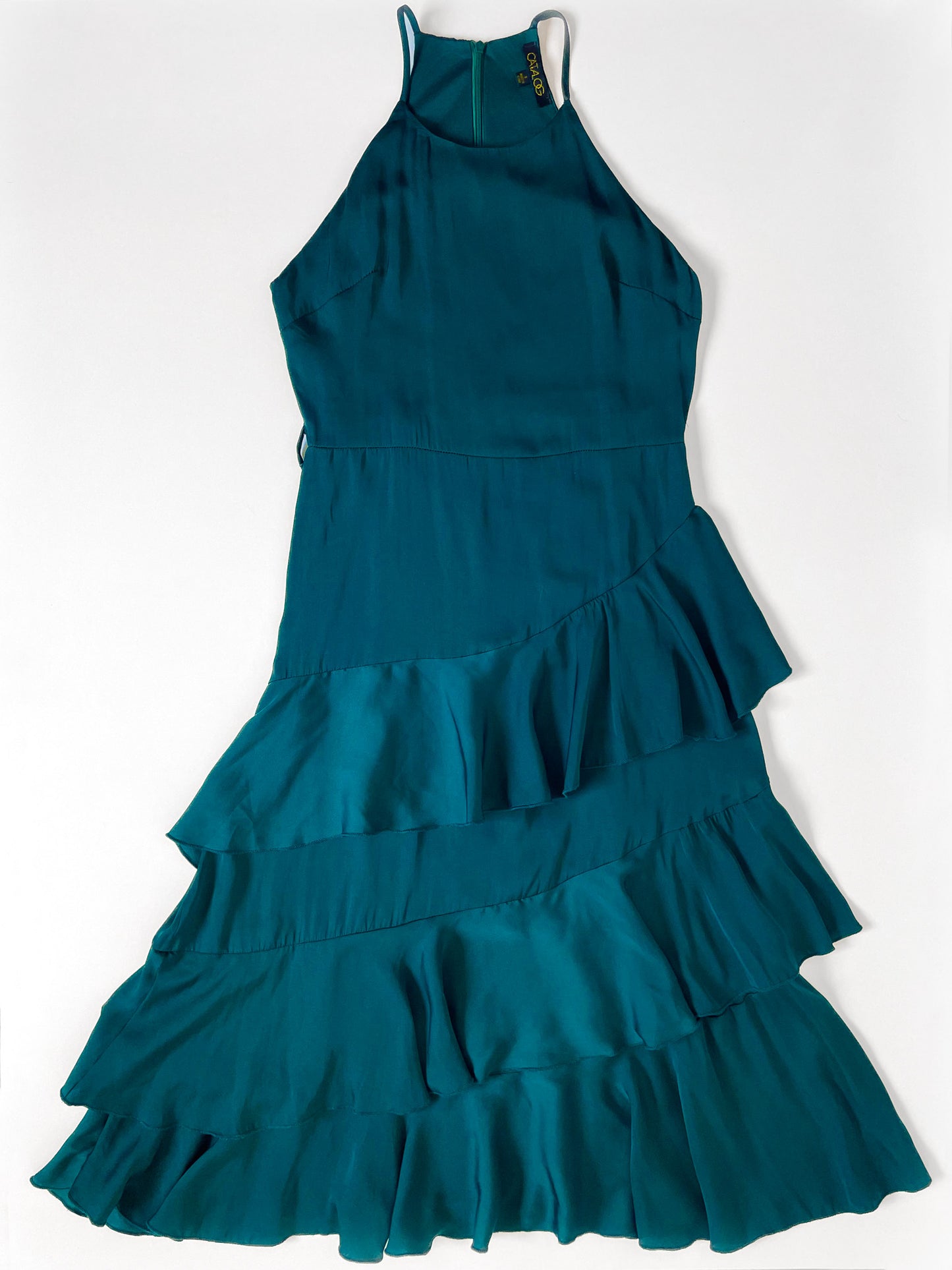 Teal Satin High Neck Ruffle Midi Dress