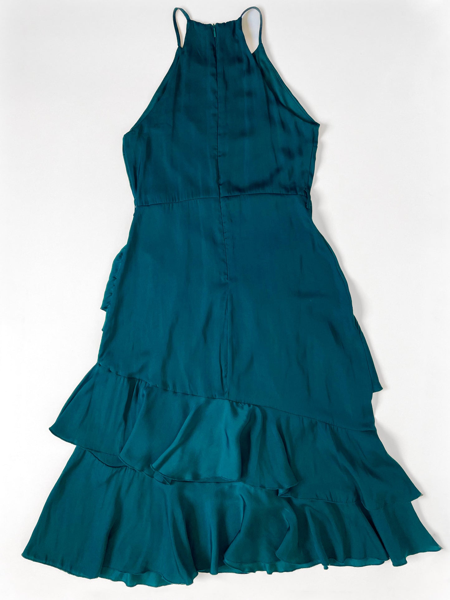Teal Satin High Neck Ruffle Midi Dress