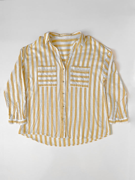 Soft Woven Button Up Shirt in White/Yellow Stripe