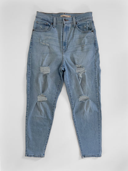 Distressed High Waist Stretch Mom Jeans in Light Wash Blue