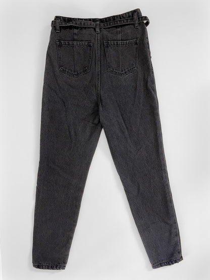 Tie Waist Pleat Front Jeans in Washed Black