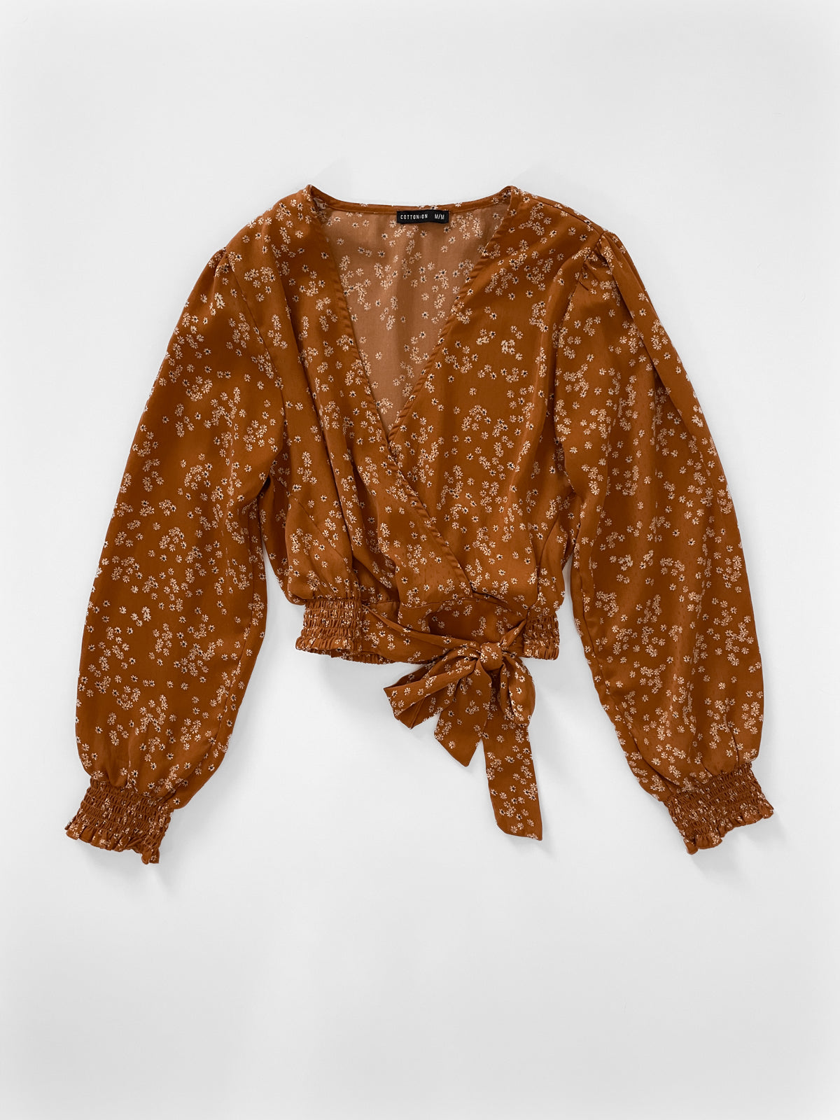 Ditsy Floral Rust Silky Long Sleeve Faux Wrap Top