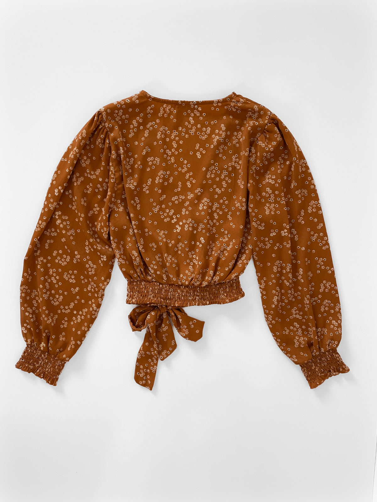 Ditsy Floral Rust Silky Long Sleeve Faux Wrap Top